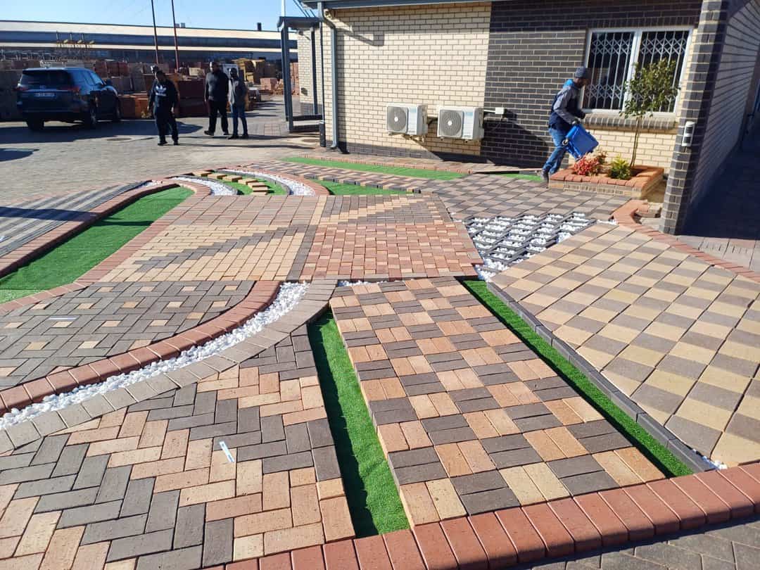 Corobrik paving display using various colours and paving shapes 