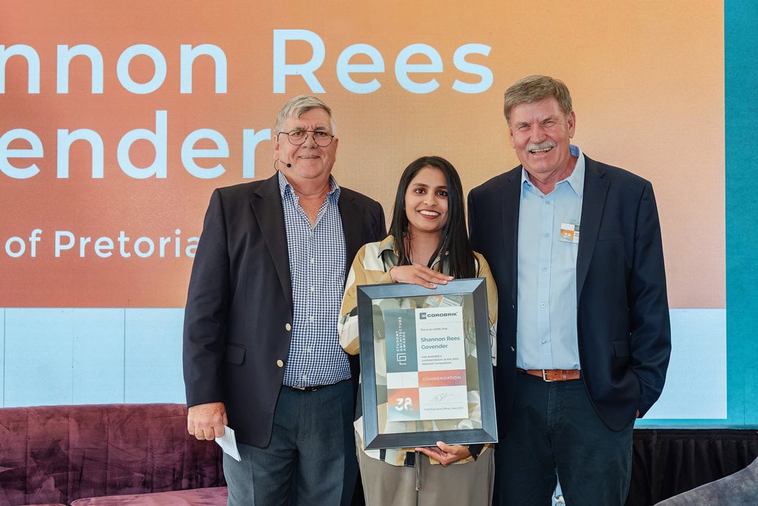Commendation Award Winner Shannon Govender (UP), Peter du Trevou (Corobrik Chairman), Nick Booth (Co