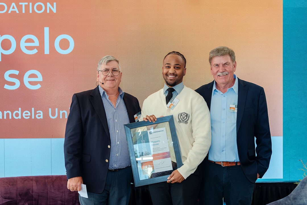 Commendation Award Winner Thapelo Douse (NMU), Peter du Trevou (Corobrik Chairman), Nick Booth (Corobrik CEO), 