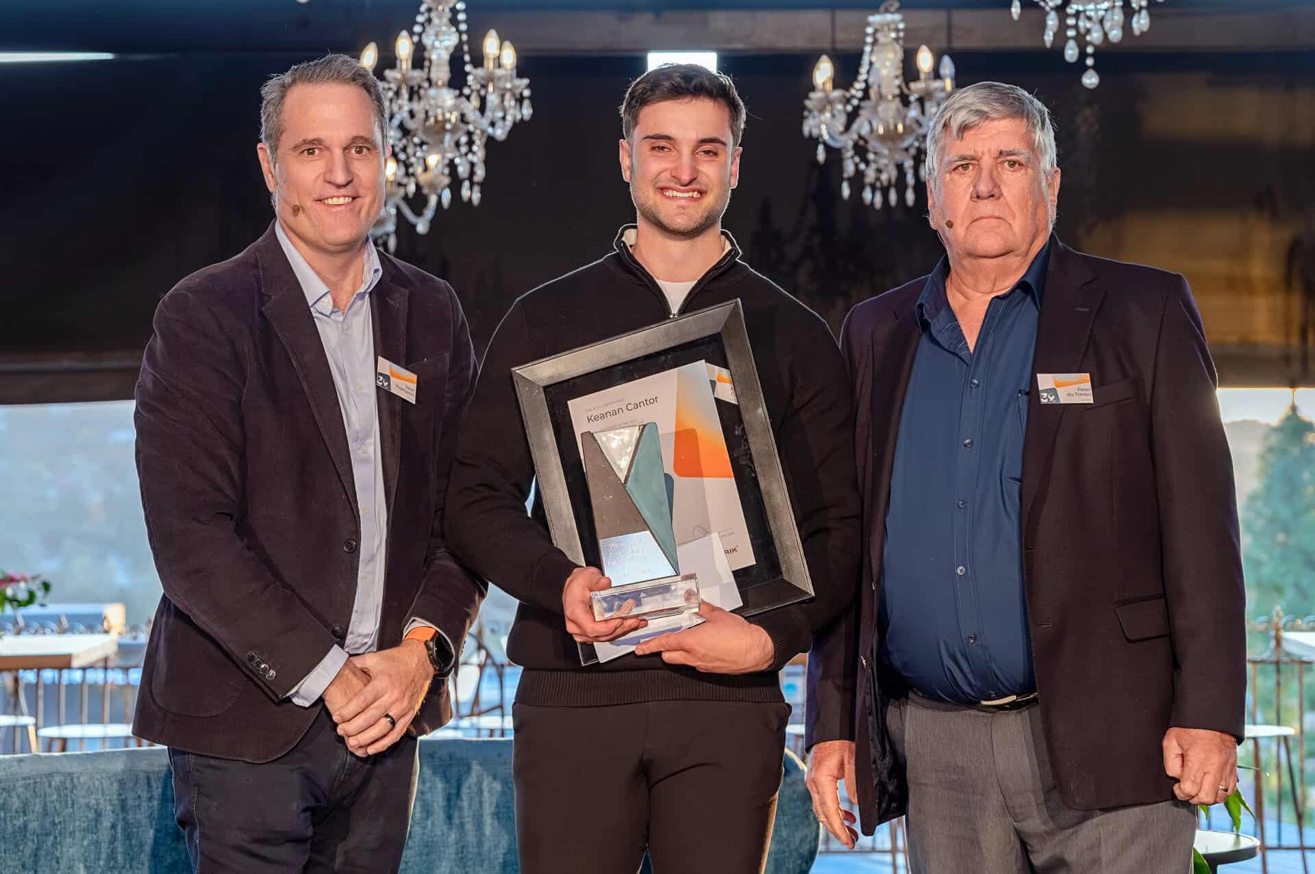 Corobrik CEO DEan Thompson; Award Winner Keanan Cantor; Corobrik Chairman Peter du Trevou